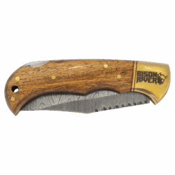 Folding Knife with Damascus Steel Blade and Leather Sheath