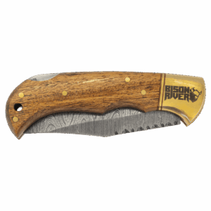 Folding Knife with Damascus Steel Blade and Leather Sheath